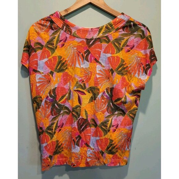 Colorful Tropical 100% Linen Knit Button Up Cap Sleeve Top Sz L - Picture 3 of 4